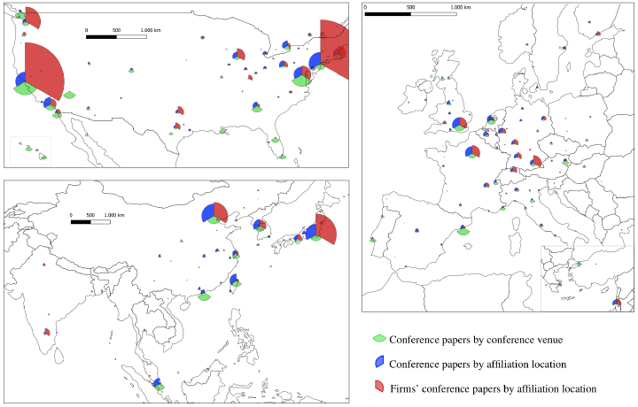 World maps of the geographic distribution of conference papers